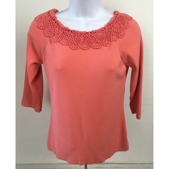J A C Womens Top Size XS Knit Coral 3/4 Sleeve Top With Crochet Neckline - Picture 7 of 14